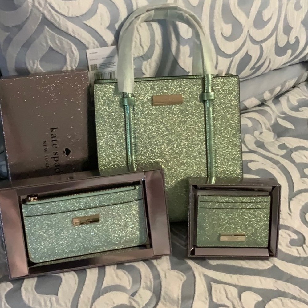 Kate Spade NWT Mini Tote Green Gold Glitter Bag, Wallet, Card Case Retail$580